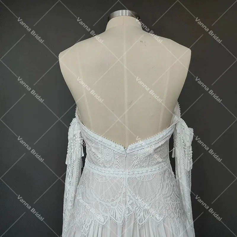 Sweetheart Strapless Mermaid Wedding Dress Removable Long Bell Sleeves A Line Chiffon Customized Zipper Bridal Gowns Tassels