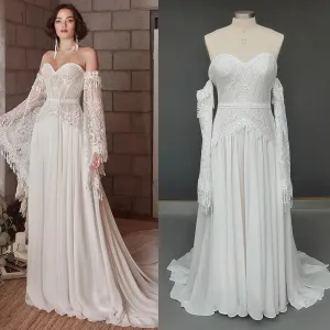 Sweetheart Strapless Mermaid Wedding Dress Removable Long Bell Sleeves A Line Chiffon Customized Zipper Bridal Gowns Tassels