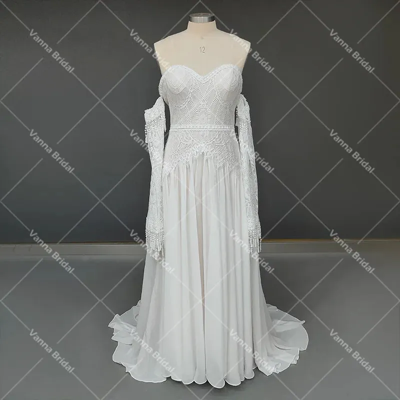 Sweetheart Strapless Mermaid Wedding Dress Removable Long Bell Sleeves A Line Chiffon Customized Zipper Bridal Gowns Tassels