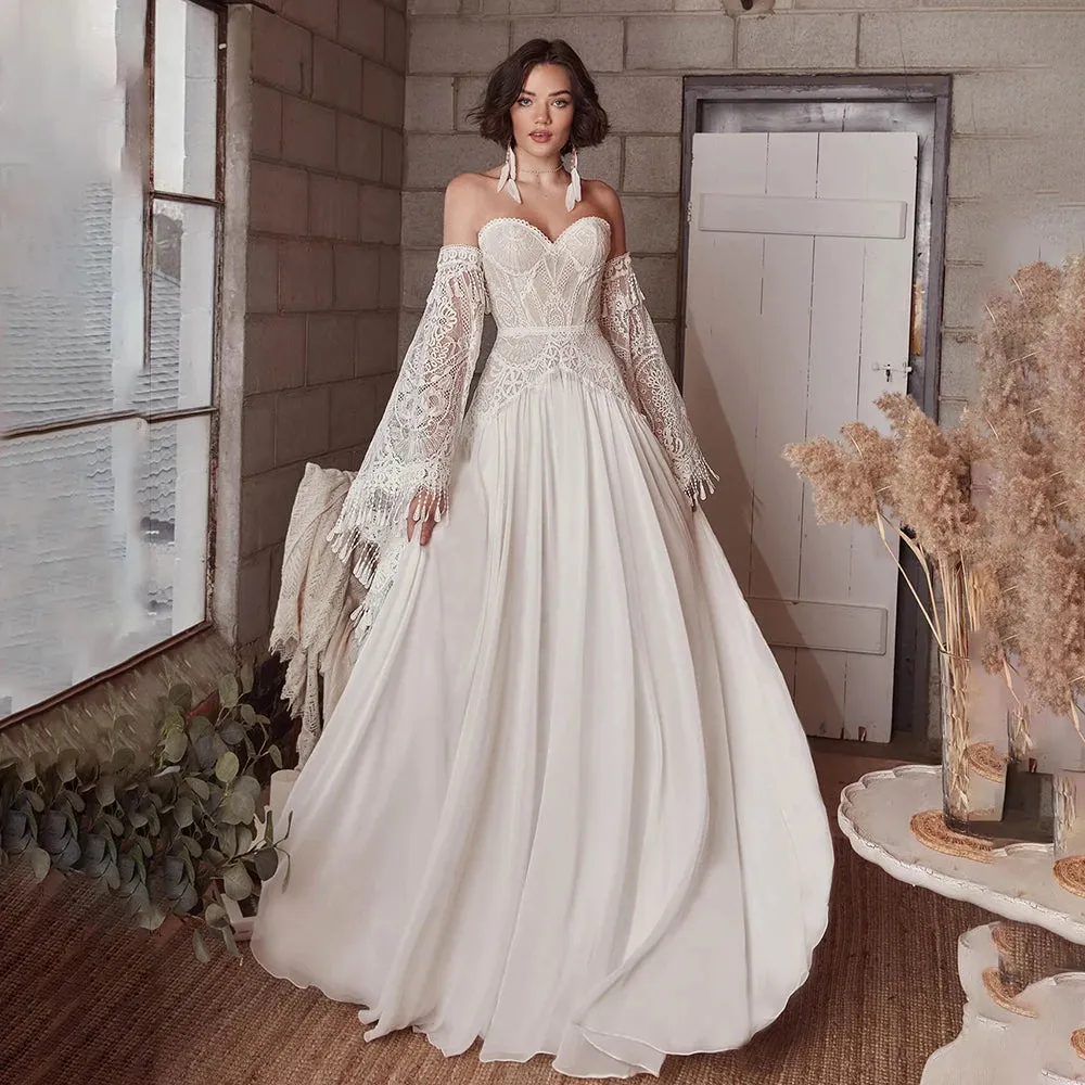 Sweetheart Strapless Mermaid Wedding Dress Removable Long Bell Sleeves A Line Chiffon Customized Zipper Bridal Gowns Tassels