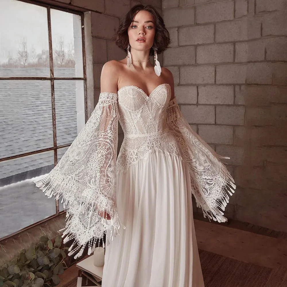 Sweetheart Strapless Mermaid Wedding Dress Removable Long Bell Sleeves A Line Chiffon Customized Zipper Bridal Gowns Tassels