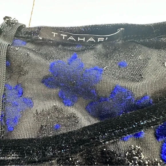 T Tahari Riley Blue Black Floral Shimmer Velvet Short Sleeve Lined Dress NWOT M