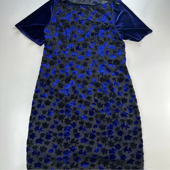 T Tahari Riley Blue Black Floral Shimmer Velvet Short Sleeve Lined Dress NWOT M
