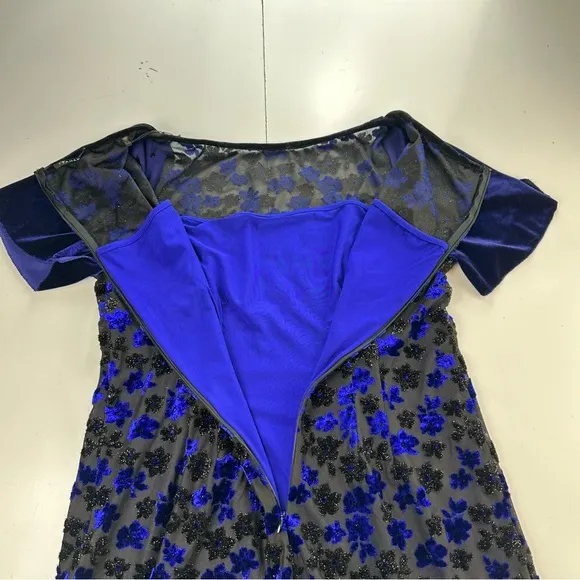 T Tahari Riley Blue Black Floral Shimmer Velvet Short Sleeve Lined Dress NWOT M