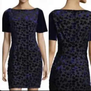 T Tahari Riley Blue Black Floral Shimmer Velvet Short Sleeve Lined Dress NWOT M