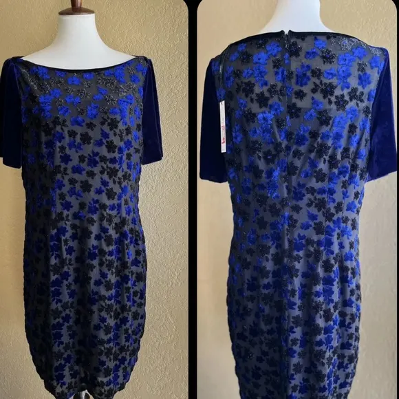 T Tahari Riley Blue Black Floral Shimmer Velvet Short Sleeve Lined Dress NWOT M