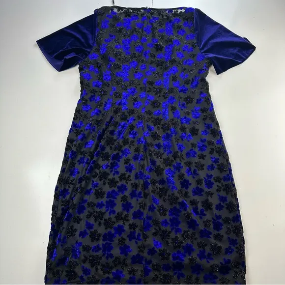 T Tahari Riley Blue Black Floral Shimmer Velvet Short Sleeve Lined Dress NWOT M