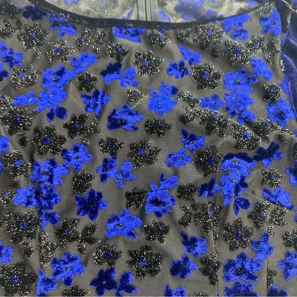 T Tahari Riley Blue Black Floral Shimmer Velvet Short Sleeve Lined Dress NWOT M