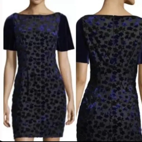 T Tahari Riley Blue Black Floral Shimmer Velvet Short Sleeve Lined Dress NWOT M