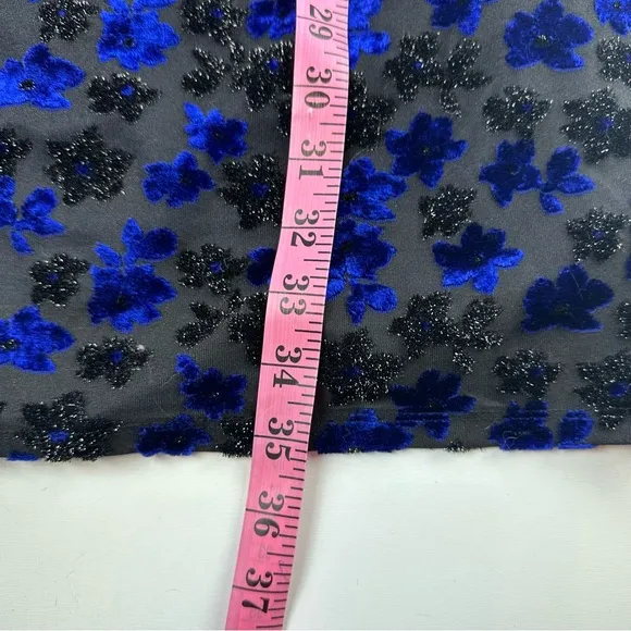 T Tahari Riley Blue Black Floral Shimmer Velvet Short Sleeve Lined Dress NWOT M