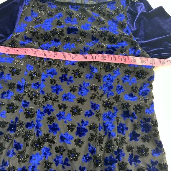T Tahari Riley Blue Black Floral Shimmer Velvet Short Sleeve Lined Dress NWOT M