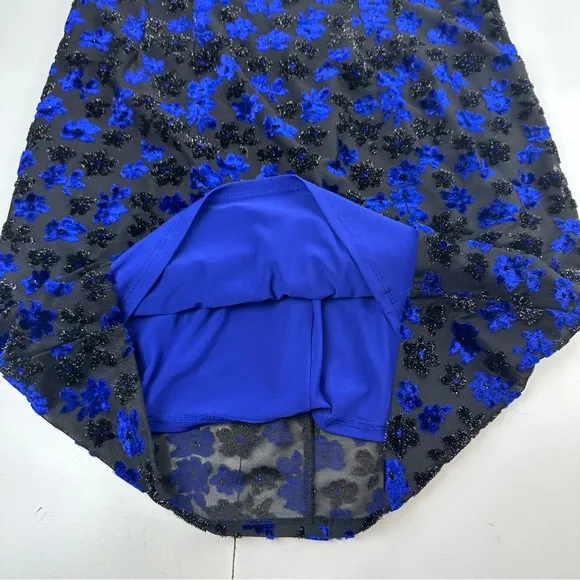 T Tahari Riley Blue Black Floral Shimmer Velvet Short Sleeve Lined Dress NWOT M