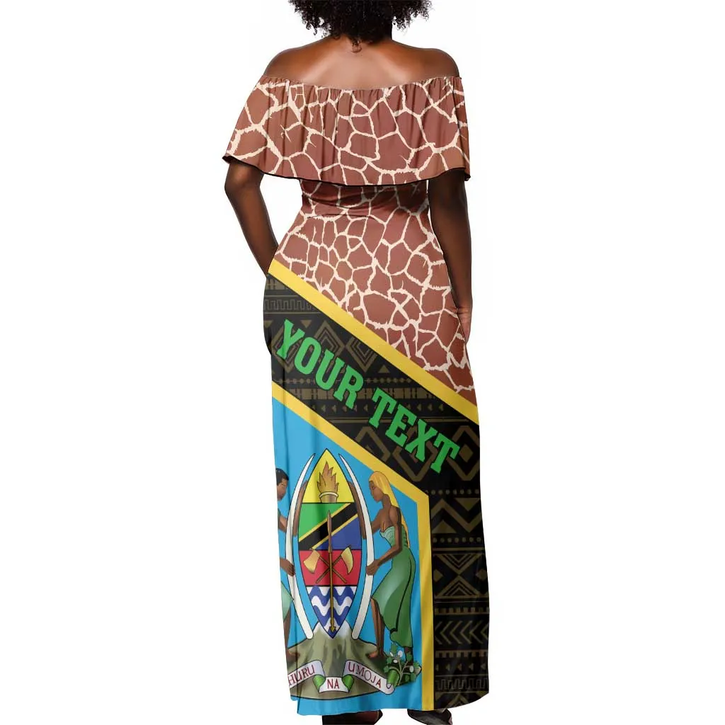 Tanzania Union Day 2024 Off Shoulder Maxi Dress Uhuru na Umoja Giraffe Pattern LT01