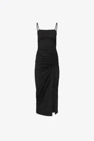 Thin Strapped Ruched Slit Dress - Black