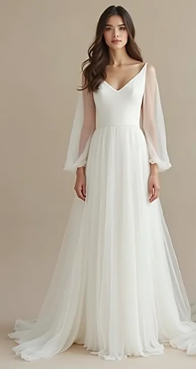 Timeless Grace – A-Line Wedding Dress with Sheer Chiffon Sleeves