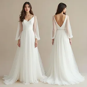 Timeless Grace – A-Line Wedding Dress with Sheer Chiffon Sleeves