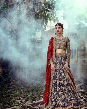Traditional Navy Blue and Deep Red heavy bridal lehnega # B1961