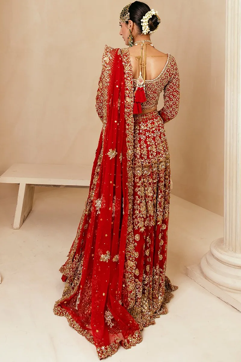 Traditional Pakistani Bridal Lehenga in Embellished Heavy Zardozi Work on Red and Gold Lehenga Choli for Pakistani Brides in Net Chiffon Fabric #BN931