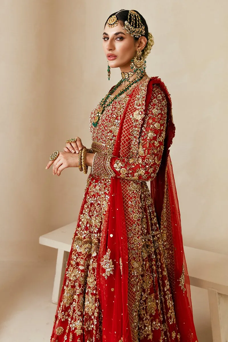 Traditional Pakistani Bridal Lehenga in Embellished Heavy Zardozi Work on Red and Gold Lehenga Choli for Pakistani Brides in Net Chiffon Fabric #BN931