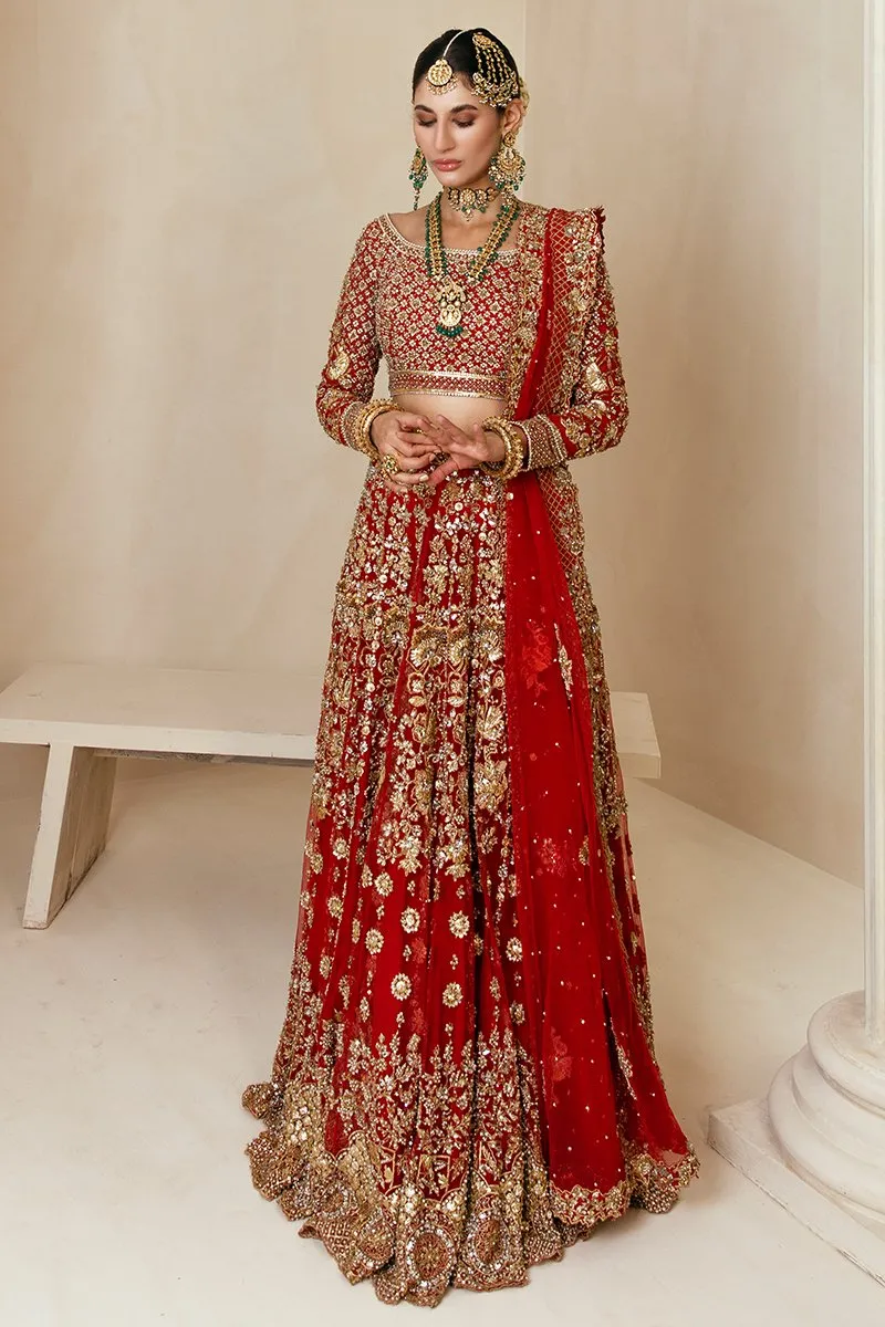 Traditional Pakistani Bridal Lehenga in Embellished Heavy Zardozi Work on Red and Gold Lehenga Choli for Pakistani Brides in Net Chiffon Fabric #BN931