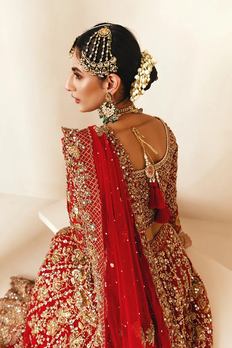 Traditional Pakistani Bridal Lehenga in Embellished Heavy Zardozi Work on Red and Gold Lehenga Choli for Pakistani Brides in Net Chiffon Fabric #BN931