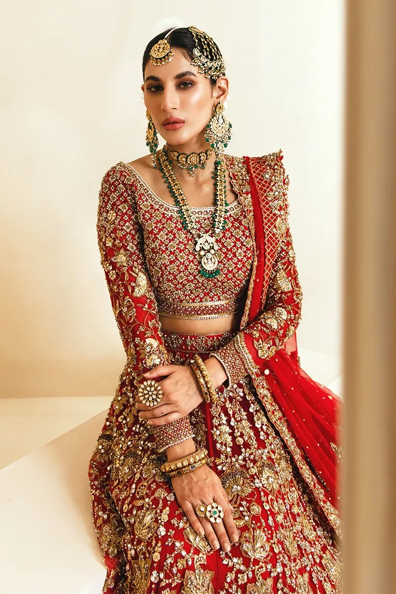Traditional Pakistani Bridal Lehenga in Embellished Heavy Zardozi Work on Red and Gold Lehenga Choli for Pakistani Brides in Net Chiffon Fabric #BN931