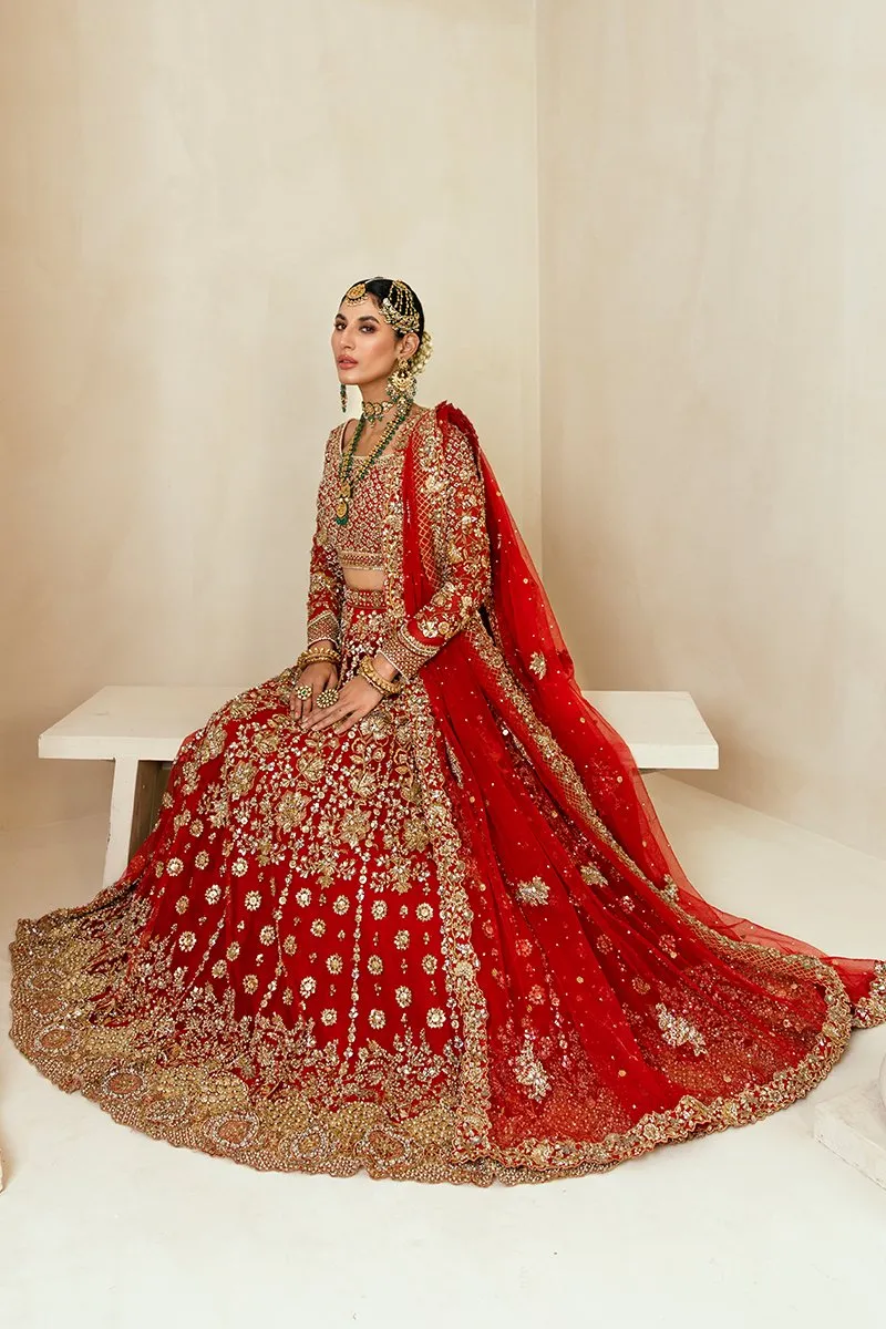 Traditional Pakistani Bridal Lehenga in Embellished Heavy Zardozi Work on Red and Gold Lehenga Choli for Pakistani Brides in Net Chiffon Fabric #BN931