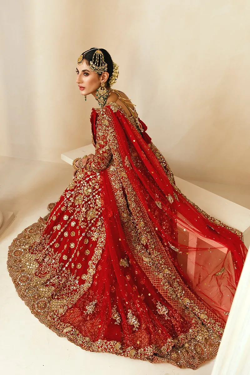 Traditional Pakistani Bridal Lehenga in Embellished Heavy Zardozi Work on Red and Gold Lehenga Choli for Pakistani Brides in Net Chiffon Fabric #BN931