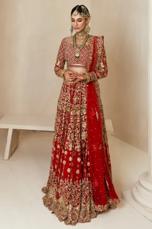 Traditional Pakistani Bridal Lehenga in Embellished Heavy Zardozi Work on Red and Gold Lehenga Choli for Pakistani Brides in Net Chiffon Fabric #BN931