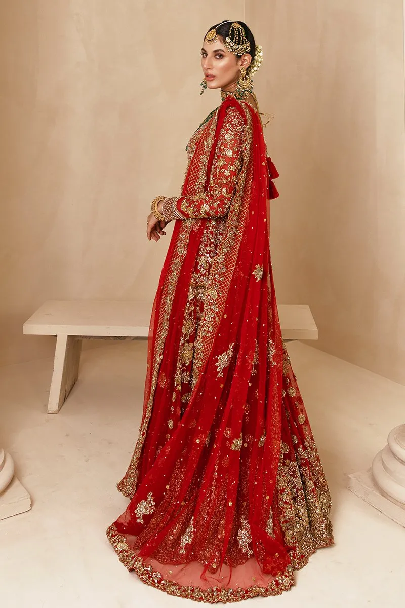 Traditional Pakistani Bridal Lehenga in Embellished Heavy Zardozi Work on Red and Gold Lehenga Choli for Pakistani Brides in Net Chiffon Fabric #BN931