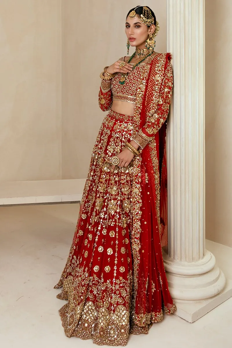Traditional Pakistani Bridal Lehenga in Embellished Heavy Zardozi Work on Red and Gold Lehenga Choli for Pakistani Brides in Net Chiffon Fabric #BN931