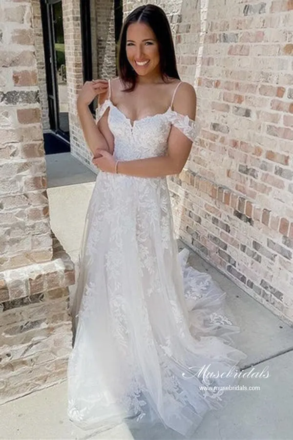 Tulle A-line Cold-Shoulder Wedding Dresses With Lace Appliques, MW1057