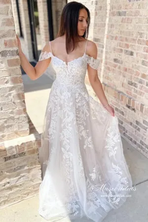 Tulle A-line Cold-Shoulder Wedding Dresses With Lace Appliques, MW1057