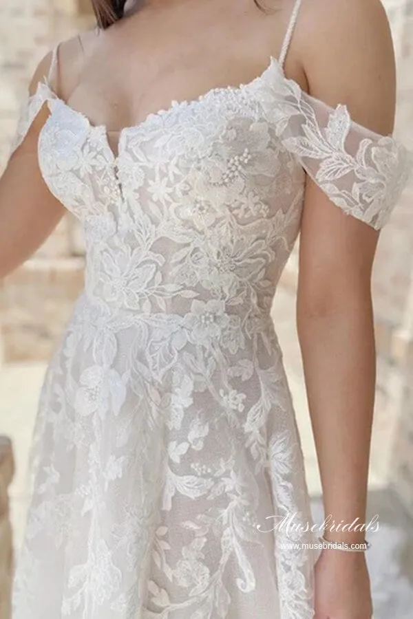 Tulle A-line Cold-Shoulder Wedding Dresses With Lace Appliques, MW1057