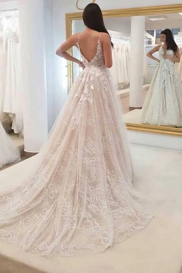 Tulle A-line V-neck Wedding Dresses With Lace Appliques, Bridal Gown, MW722