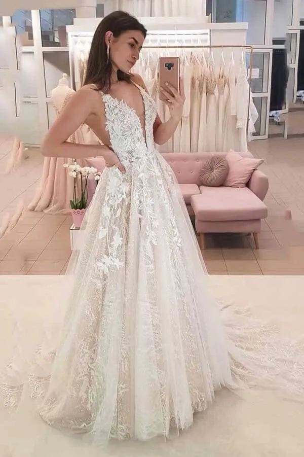 Tulle A-line V-neck Wedding Dresses With Lace Appliques, Bridal Gown, MW722