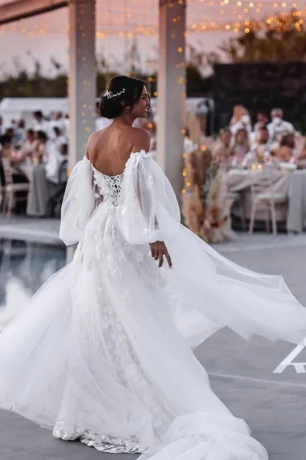 Tulle Lace Mermaid Beach Wedding Dresses With Detachable Train, MW899