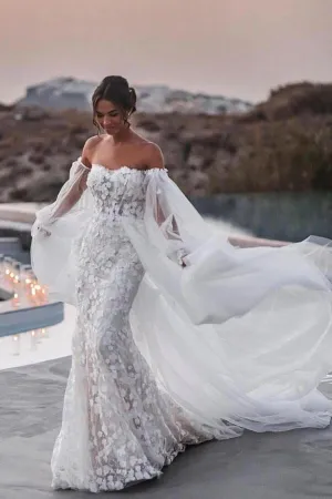 Tulle Lace Mermaid Beach Wedding Dresses With Detachable Train, MW899