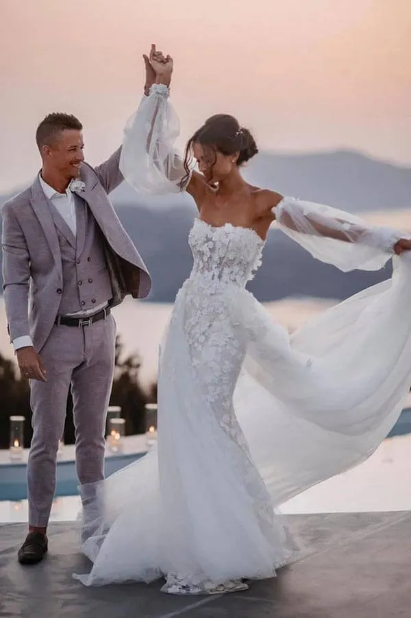 Tulle Lace Mermaid Beach Wedding Dresses With Detachable Train, MW899