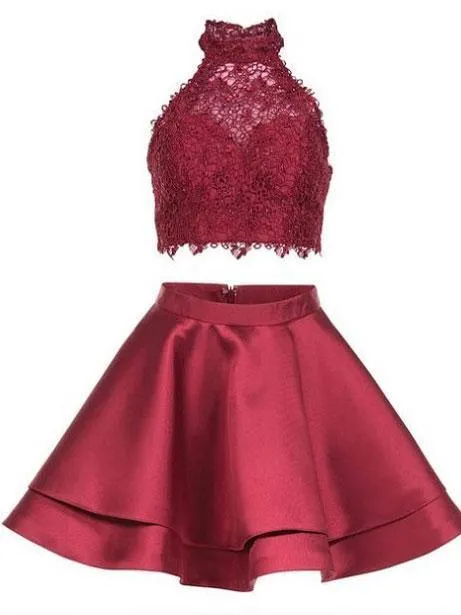 Two Pieces Blue Lace Halter Cheap Homecoming Dresses 2018, BDY0223