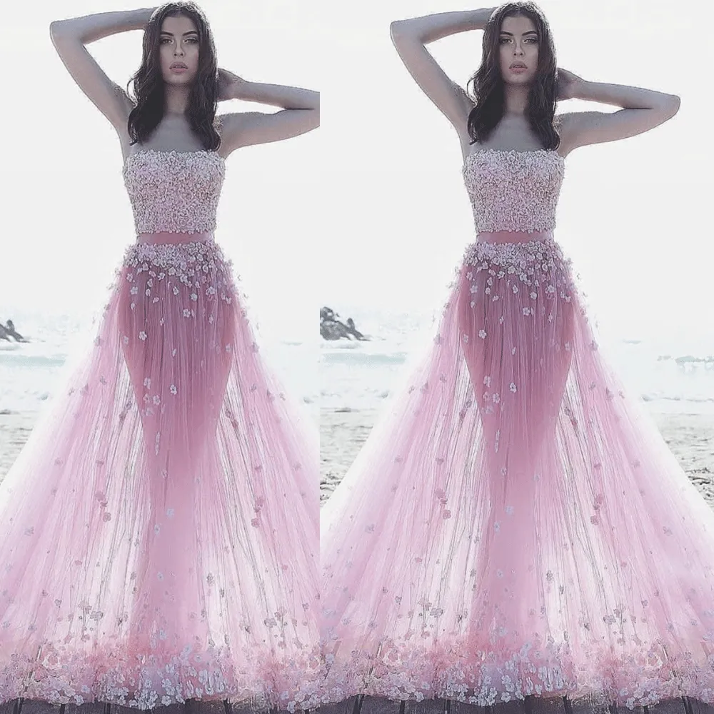 two pieces prom dresses pink little 3d flowers a line elegant strapless prom gown robe de soiree