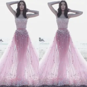 two pieces prom dresses pink little 3d flowers a line elegant strapless prom gown robe de soiree