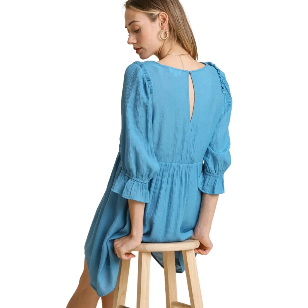 UMGEE Blue 3/4 Puff Sleeve Ruched Mini Dress A0017