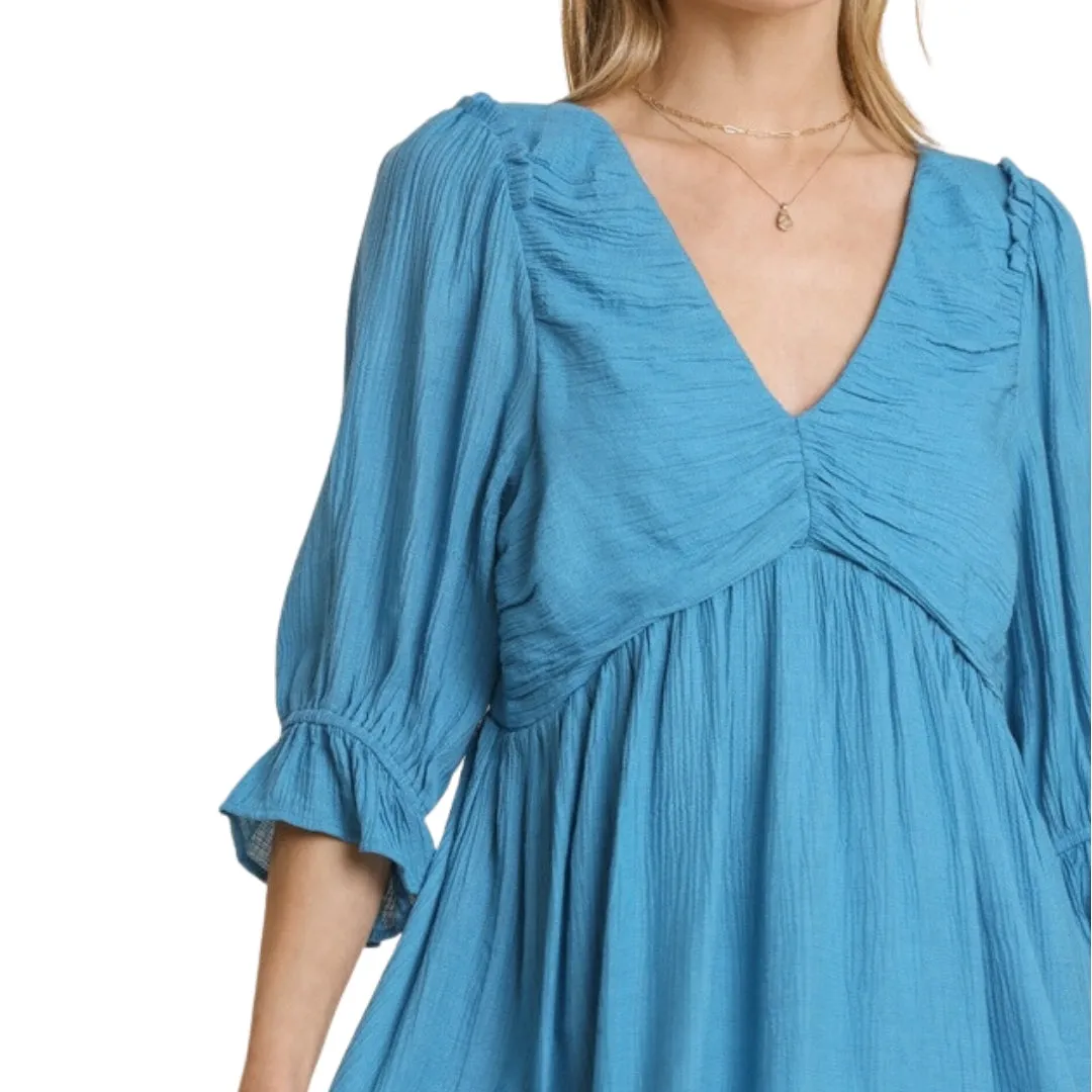 UMGEE Blue 3/4 Puff Sleeve Ruched Mini Dress A0017
