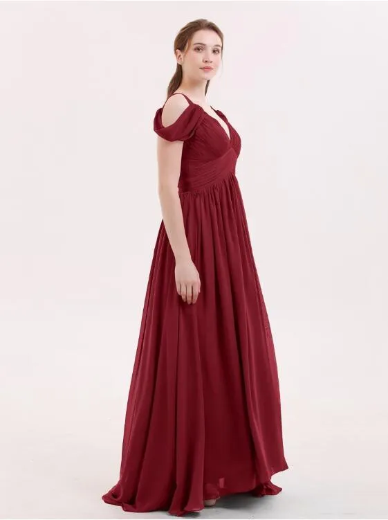 Unique Off-the-shoulder Burgundy Bridesmaid Gowns Long Chiffon Skirt
