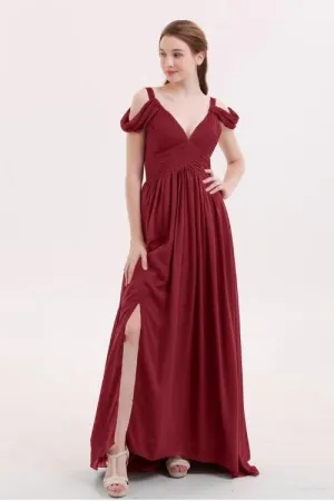 Unique Off-the-shoulder Burgundy Bridesmaid Gowns Long Chiffon Skirt