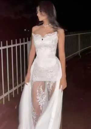 Unique Strapless Sheath Lace Satin Chic Wedding Dress Long Party Dress, D311