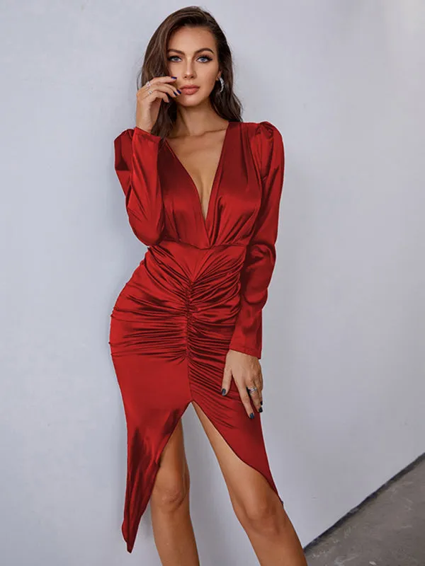 V-Neck Ruched Satin Dress with Puff Sleeves and Asymmetrical Hem