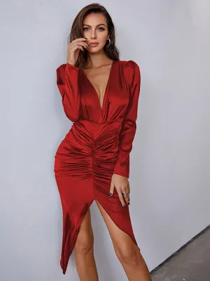 V-Neck Ruched Satin Dress with Puff Sleeves and Asymmetrical Hem