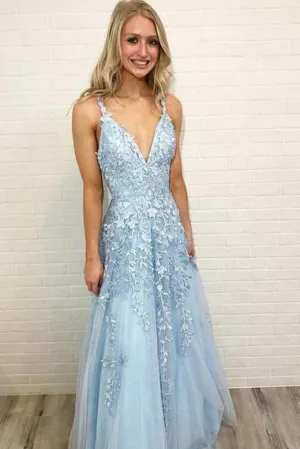 V-neck Sky Blue Lace Prom Dresses Long Rose Red Formal Maxi Dress , MP430